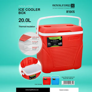 Royalford RF10476 Insulated Ice Cooler Box 20L | Three-Layer Thermal Ice Box | HDPE Outer Shell | PU Foam Insulation & Food-Grade PP Inner Wall for Travel & Outdoor Use