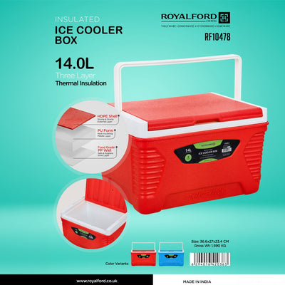 Royalford RF10478  Insulated Ice Cooler Box | 14L Capacity| Advanced 3-Layer Thermal Cooling | Durable HDPE Shell | High-Density PU Foam & Food-Grade PP Inner Wall