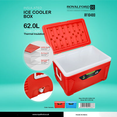 Royalford RF10480 62L Insulated Ice Cooler Box |Three-Layer Thermal Insulation |HDPE outer shell |PU foam insulation |food-grade PP inner lining | heavy-duty side handles