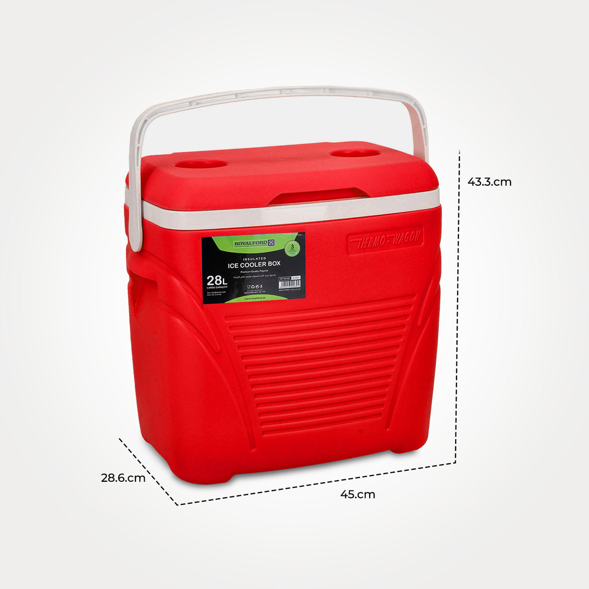 Royalford RF10481  Insulated Ice Cooler Box | 28L Capacity | Advanced 3-Layer Thermal Insulation | Durable HDPE Shell | High-Density PU Foam & Food-Grade PP Inner Wall