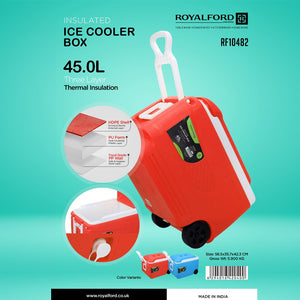 Royalford RF10482 45L Insulated Ice Cooler Box with Wheels | Portable Ice Chest | three-layer insulation | Retractable telescopic handle | Premium HDPE outer shell