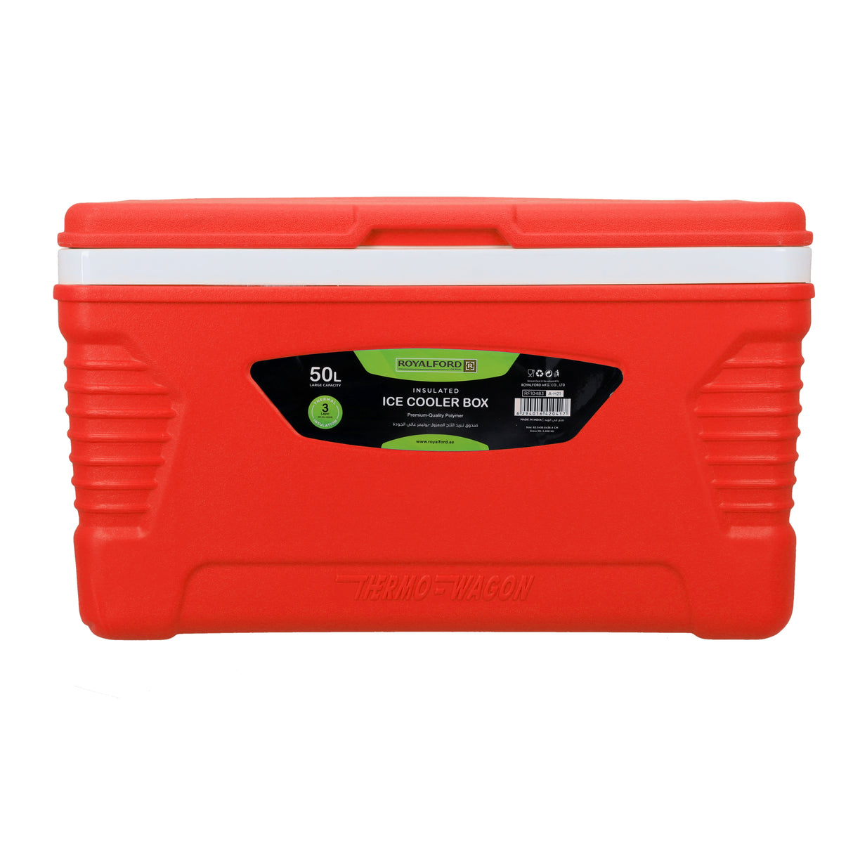 Royalford RF10483 50L Insulated Ice Cooler Box | 3-Layer Thermal Insulation  | Heavy-Duty Portable Cooler |  Durable HDPE outer shell | Heat-insulating PU foam