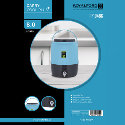 Royalford RF10486 Carry Cool Plus 8L insulated water jug with PU foam insulation| durable tap, easy carry handle and premium body to keep beverages cool for outdoor