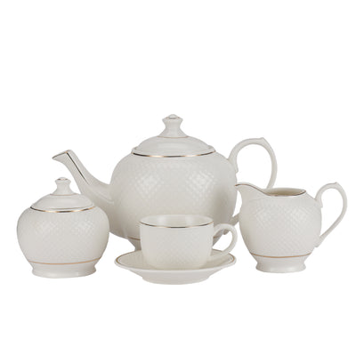 Royalford RF10499 Fine Bone China 17 Pcs Tea Set | Chip-Resistant Tableware With Teapot, Cups, Saucers, Creamer & Sugar Pot | Lead-Free| Dishwasher-Safe Premium Serveware