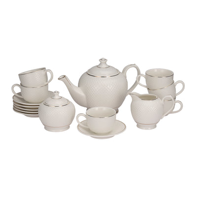 Royalford RF10499 Fine Bone China 17 Pcs Tea Set | Chip-Resistant Tableware With Teapot, Cups, Saucers, Creamer & Sugar Pot | Lead-Free| Dishwasher-Safe Premium Serveware