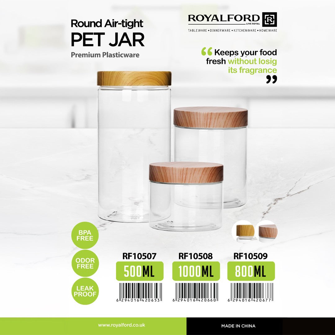 Royalford RF10509 Airtight PET Jar| BPA-free design and secure lid keeps food fresh, odor-free & leak-proof| ideal for storing snacks, grains & dry ingredients|