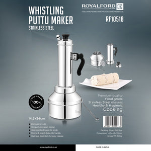 Royalford RF10518 Stainless Steel Whistling Puttu Maker| Premium Food-Grade Construction| Heat-Resistant Bakelite Handle & Knob | Compact Traditional Steamer Design