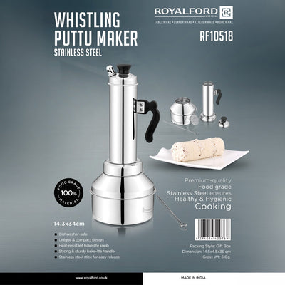 Royalford RF10518 Stainless Steel Whistling Puttu Maker| Premium Food-Grade Construction| Heat-Resistant Bakelite Handle & Knob | Compact Traditional Steamer Design