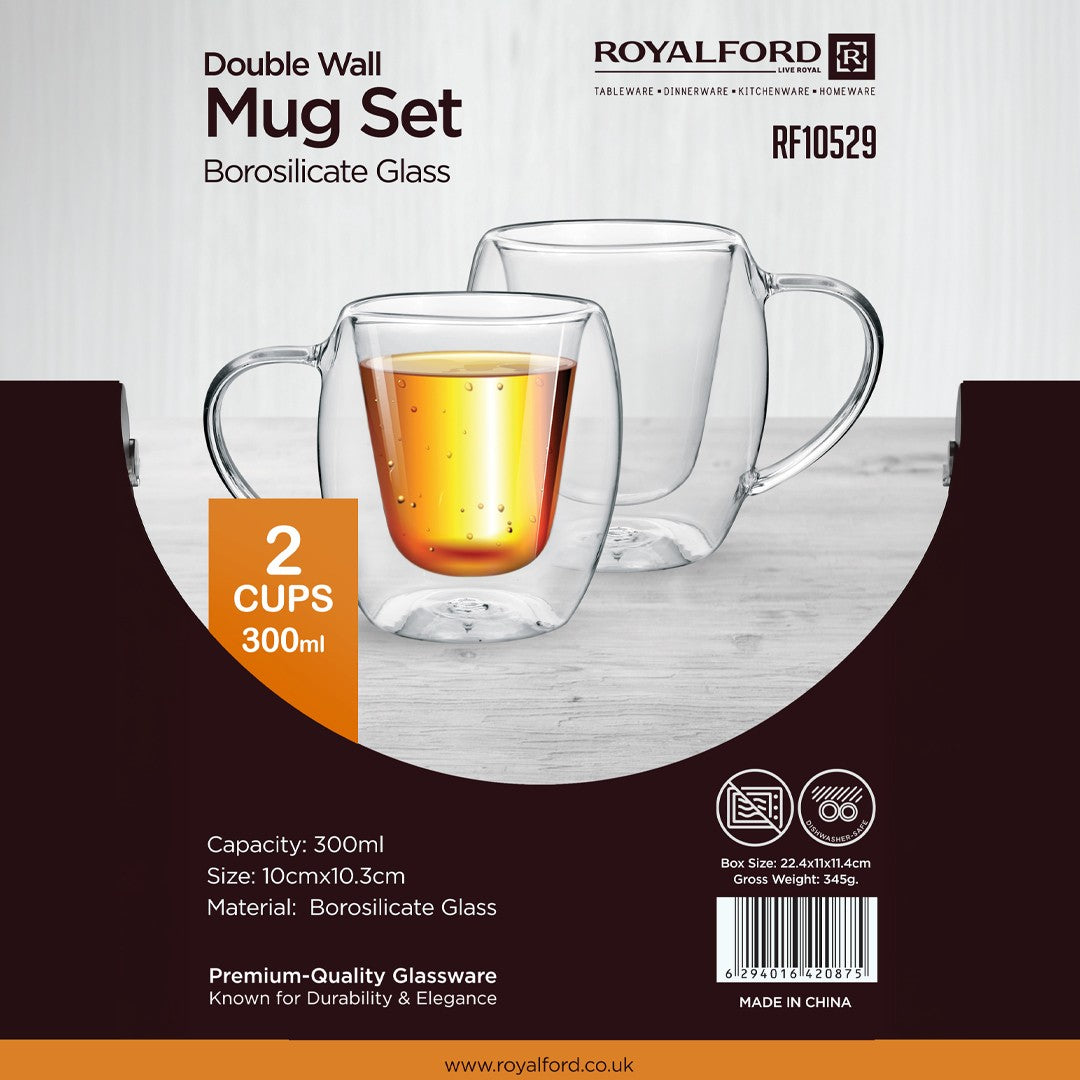 Royalford RF10529 300ml Double Wall Borosilicate Glass Mug Set | 2-Piece Insulated Coffee & Tea Cups | Elegant Floating Effect | Durable Modern & Stylish Design