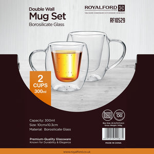 Royalford RF10529 300ml Double Wall Borosilicate Glass Mug Set | 2-Piece Insulated Coffee & Tea Cups | Elegant Floating Effect | Durable Modern & Stylish Design