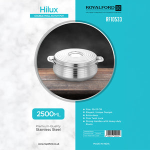 Royalford RF10533 Hilux Double Wall Stainless Steel Hot Pot 2500ml | Insulated Food Casserole | Firm Twist Lock Lid  | Extra-Deep Design  | Heavy-Duty Riveted Handles