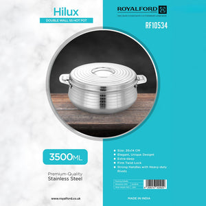 Royalford RF10534 Hilux 3500ml Double Wall Stainless Steel Hot Pot |Insulated Food Warmer |Firm Twist-Lock Lid  |Extra-Deep Design |Heavy-Duty Side Handles |Easy to Clean