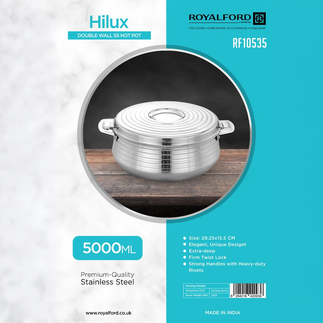 Royalford RF10535 Hilux 5000ml Double Wall Stainless Steel Hot Pot with Twist Lock | heavy-duty rivets | Food-grade stainless steel construction  | Easy to clean