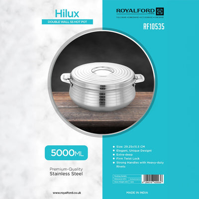 Royalford RF10535 Hilux 5000ml Double Wall Stainless Steel Hot Pot with Twist Lock | heavy-duty rivets | Food-grade stainless steel construction  | Easy to clean