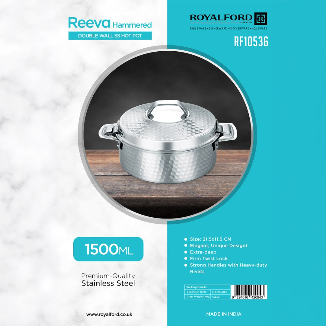 Royalford RF10536 1500ml Reeva Hammered Double Wall SS Hot Pot  |Stainless Steel Casserole | Premium Food-Grade Stainless Steel | Elegant Hammered Finish |Firm Twist Lock