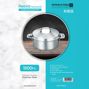 Royalford RF10536 1500ml Reeva Hammered Double Wall SS Hot Pot  |Stainless Steel Casserole | Premium Food-Grade Stainless Steel | Elegant Hammered Finish |Firm Twist Lock