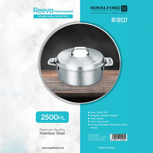 Royalford RF10537 2500ML Reeva Hammered Double Wall Stainless Steel Hot Pot |Premium Stainless Steel Construction |Firm Twist Lock Lid | Extra-Deep Design | Easy to Clean