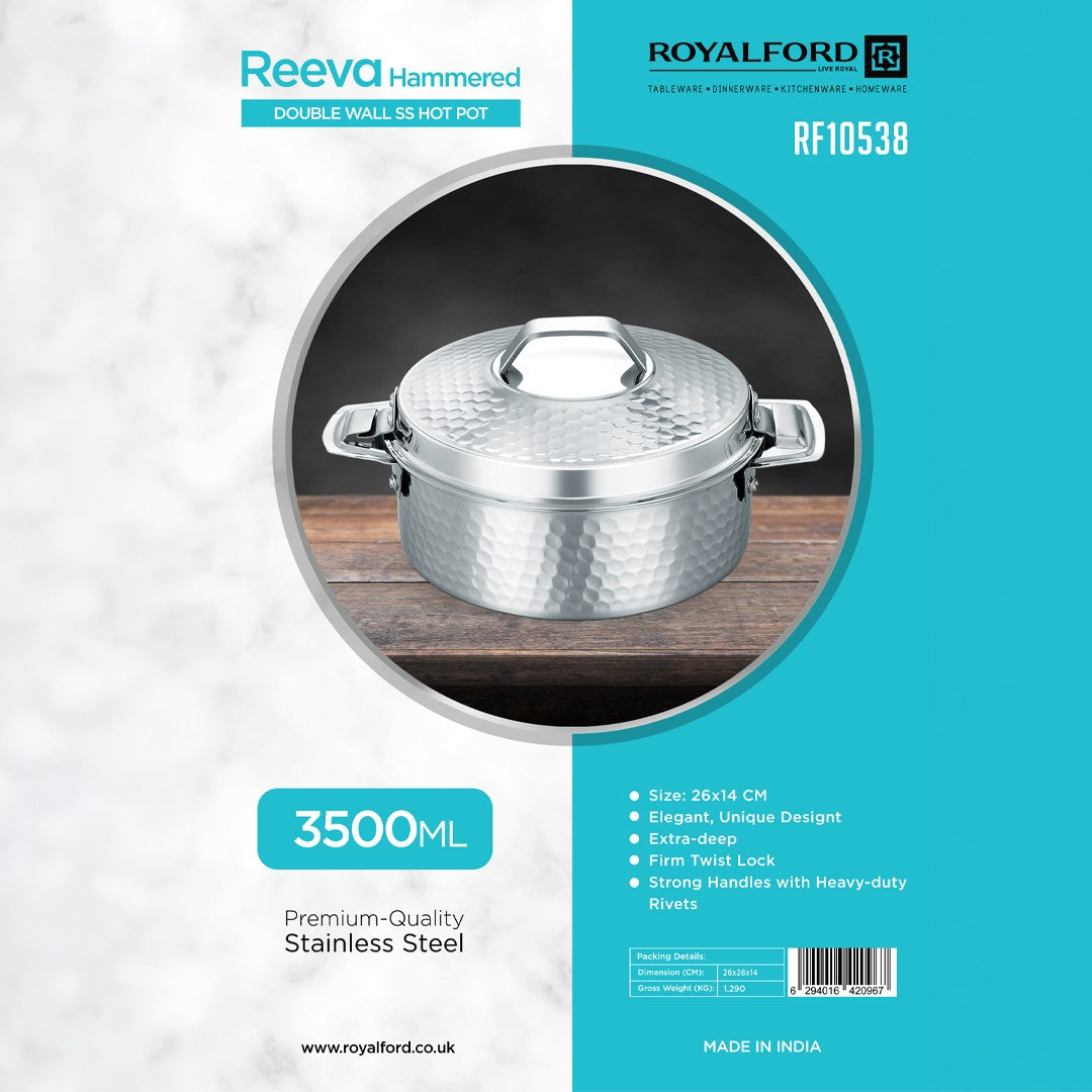 Royalford RF10538  3500ML Reeva Hammered Double Wall Stainless Steel Hot Pot | Double Wall Insulation | Premium Food-Grade Stainless Steel | Elegant Hammered Finish