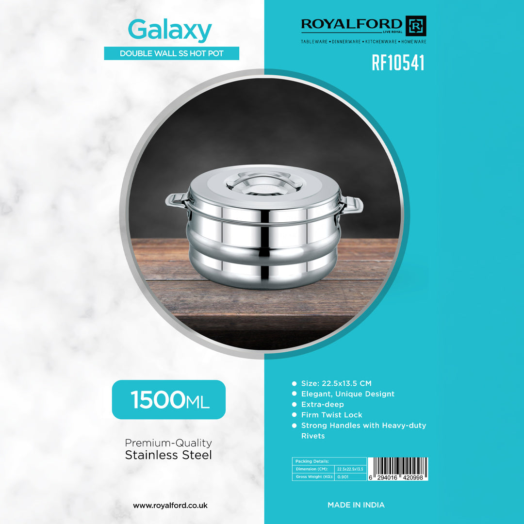 Royalford RF10541 Galaxy Double Wall Stainless Steel Hot Pot | 1500ml Insulated Casserole | Twist Lock Lid | Extra-Deep Design | Heavy-Duty Riveted Handles |Easy to Clean