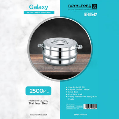Royalford RF10542 2500ml Double Wall Stainless Steel Hot Pot | Insulated Food Server | Double Wall Construction  |  Premium Stainless Steel | Firm Twist-Lock Lid
