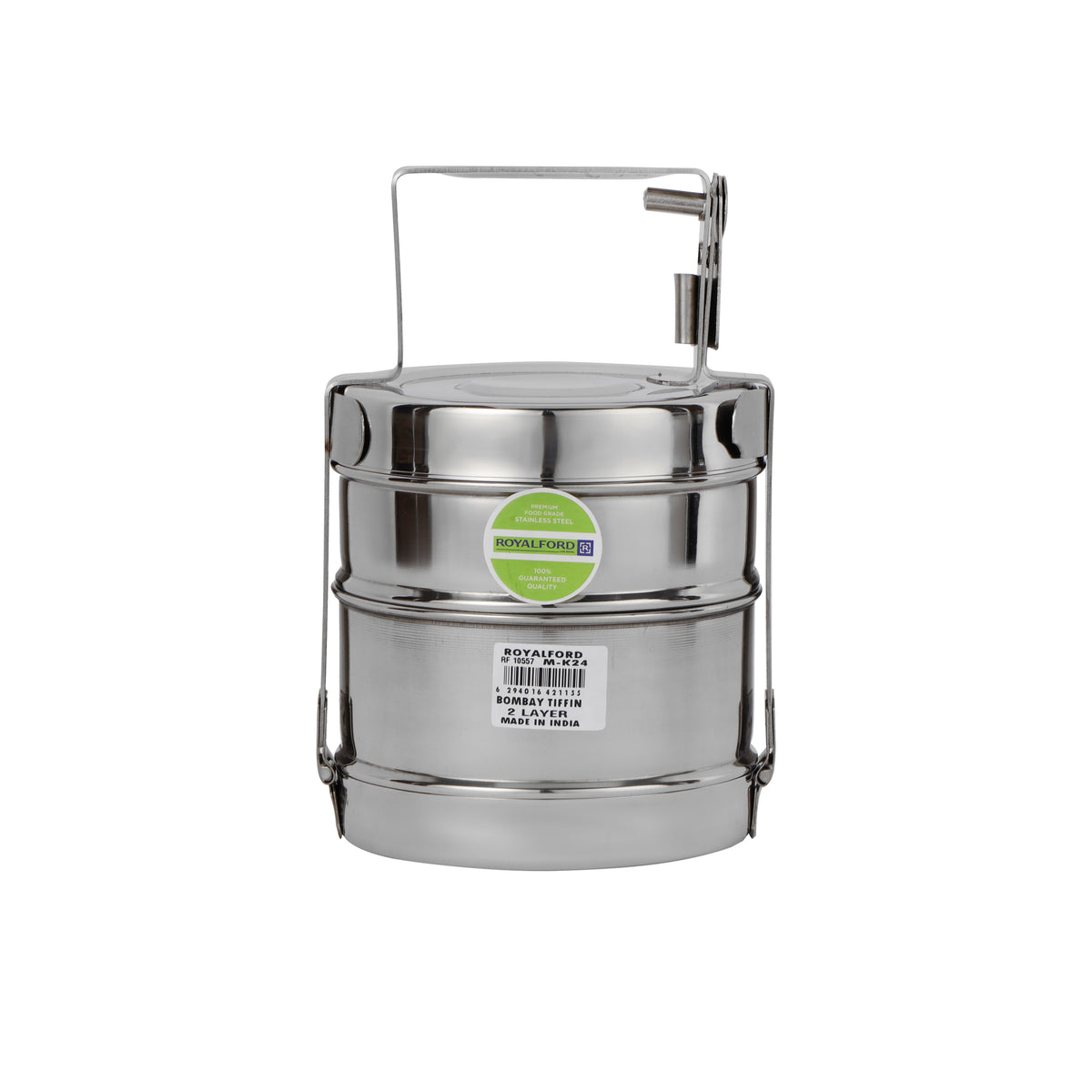 Royalford RF10557 2 Layer Stainless Steel Bombay Tiffin | Food Grade Durable Lunch Carrier |  Secure Locking Clips &  Sturdy Handle| Ideal for Office, School & Travel Use