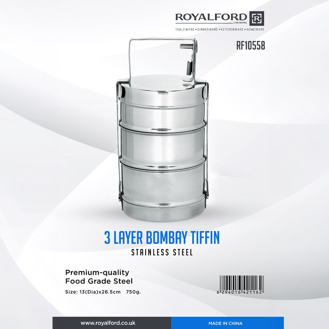Royalford RF10558 3 Layer Bombay Tiffin Stainless Steel | Premium Food Grade Steel| Stackable Lunch Carrier with Handle for Office, School Travel & Daily Meal Storage Use