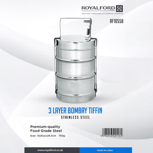 Royalford RF10558 3 Layer Bombay Tiffin Stainless Steel | Premium Food Grade Steel| Stackable Lunch Carrier with Handle for Office, School Travel & Daily Meal Storage Use