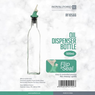 Royalford RF10566 Oil Dispenser Bottle 500ml| flip & seal lid offers precise pouring, leak-proof design| premium glass body, and easy cleaning for everyday kitchen use|