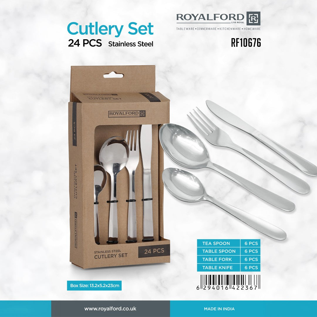 Royalford RF10676 24-Piece Stainless Steel Cutlery Set for 6 |  Premium Stainless Steel  | Mirror Polish Finish | Comfortable Grip | Rust & Corrosion Resistant