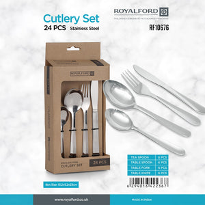 Royalford RF10676 24-Piece Stainless Steel Cutlery Set for 6 |  Premium Stainless Steel  | Mirror Polish Finish | Comfortable Grip | Rust & Corrosion Resistant