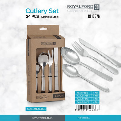 Royalford RF10676 24-Piece Stainless Steel Cutlery Set for 6 |  Premium Stainless Steel  | Mirror Polish Finish | Comfortable Grip | Rust & Corrosion Resistant