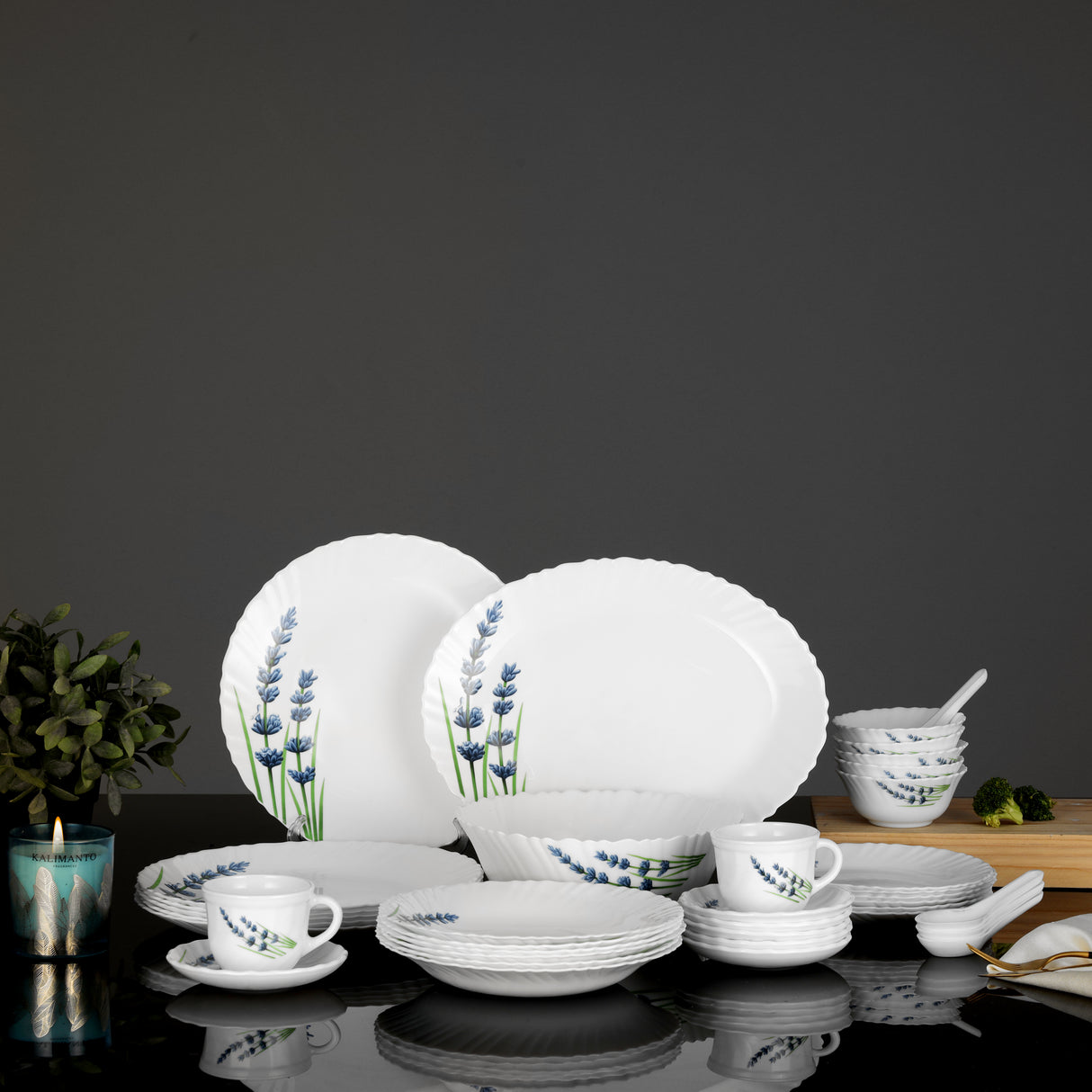 Royalford RF10679 44-Piece Opalware Dinner Set | English Lavender Design | | Lightweight & Elegant Floral Pattern| Dishwasher & Freezer Safe |Complete Family Tableware