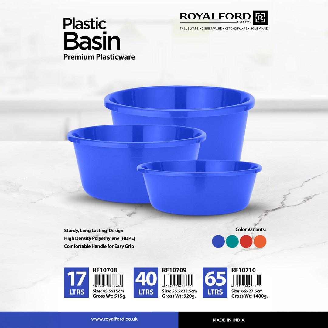 Royalford RF10710 Plastic Basin|  65L Capacity | HDPE Basin for Laundry, Kitchen & Cleaning Use | Durable Household Basin | Perfect for Everyday Heavy Duty Home Tasks