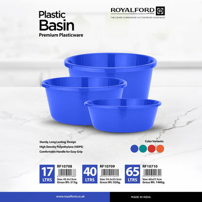 Royalford RF10710 Plastic Basin|  65L Capacity | HDPE Basin for Laundry, Kitchen & Cleaning Use | Durable Household Basin | Perfect for Everyday Heavy Duty Home Tasks