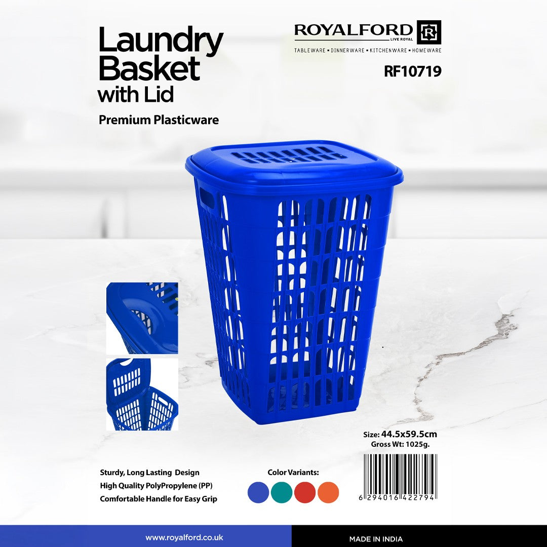 Royalford RF10719 Laundry Basket with Lid | Premium Plastic Laundry Storage Basket | Ventilated Design | Comfortable Handles | Durable PP Build for Daily Laundry Use