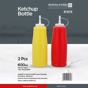 Royalford RF10729 Ketchup Bottle Set| 2 PCS 600ML Sauce Dispenser Bottles with easy squeeze design| leakproof nozzle, plastic build, for sauces and kitchen use|