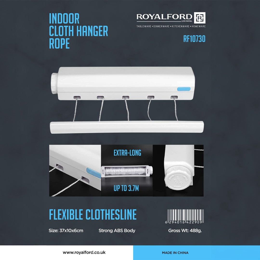 Royalford RF10730 Indoor Cloth Hanger Rope | Retractable Flexible Clothesline up to 3.7M | Strong ABS Body | Space-Saving Wall Mounted Design for Indoor Laundry Drying