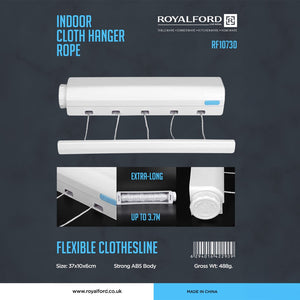 Royalford RF10730 Indoor Cloth Hanger Rope | Retractable Flexible Clothesline up to 3.7M | Strong ABS Body | Space-Saving Wall Mounted Design for Indoor Laundry Drying
