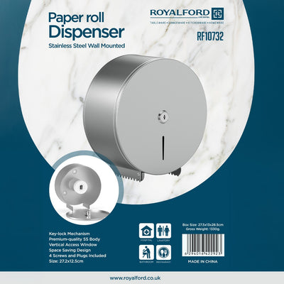 Royalford RF10732 Stainless Steel Paper Roll Dispenser |  Durable Hygienic Tissue Holder | Wall Mounted Lockable Design for Bathroom, Restaurant & Hospital Use