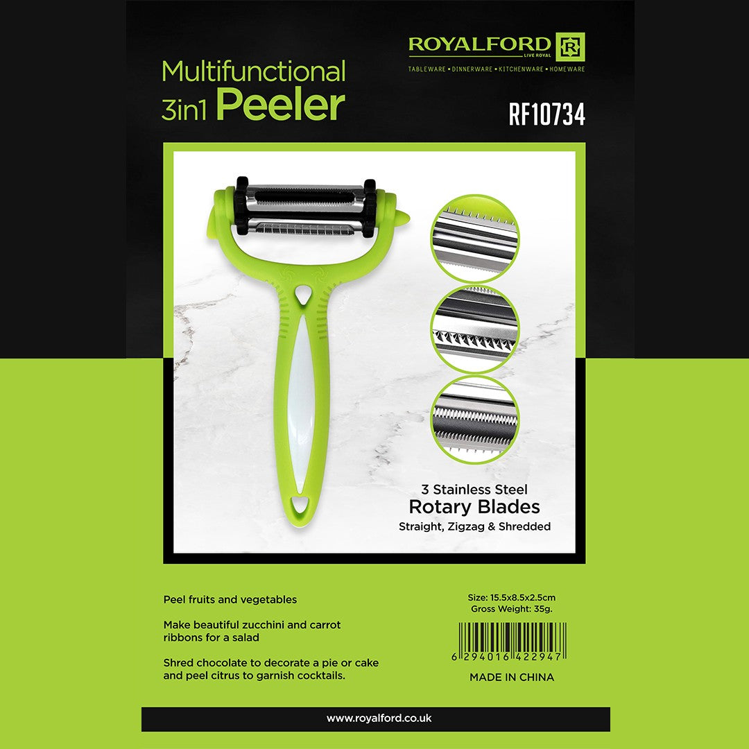 Royalford RF10734 3 in 1 Multifunctional Peeler | Stainless Steel Rotary Blades | Ergonomic Handle | Vegetable, Fruit Peeler, Shredder & Cutter |  Rust Resistant Design
