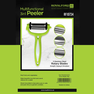 Royalford RF10734 3 in 1 Multifunctional Peeler | Stainless Steel Rotary Blades | Ergonomic Handle | Vegetable, Fruit Peeler, Shredder & Cutter |  Rust Resistant Design