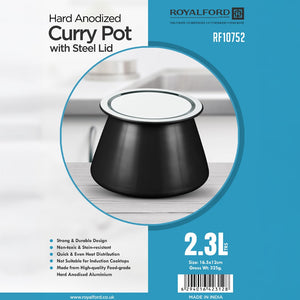 Royalford RF10752 Hard Anodized Curry Pot with Steel Lid | 2.3L Capacity |  Durable Food Grade Aluminium Cookware | Quick Even Heat Distribution for Daily Curry Cooking