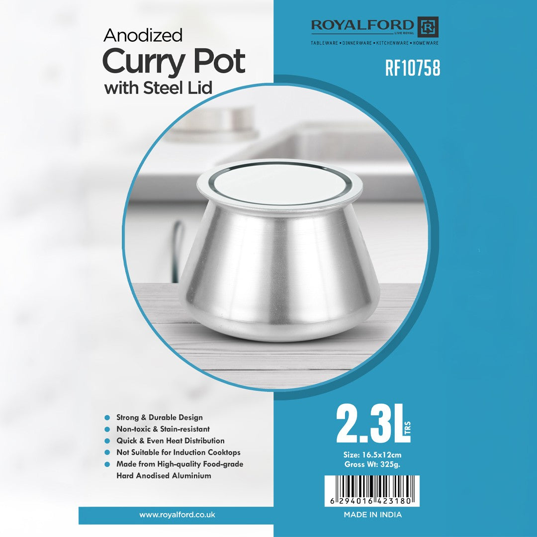 Royalford RF10758 Hard Anodized Curry Pot | 2.3L | Steel Lid | Durable Aluminium Cookware for Daily Cooking | Quick Even Heat Distribution | Non Toxic & Stain Resistant