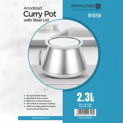 Royalford RF10758 Hard Anodized Curry Pot | 2.3L | Steel Lid | Durable Aluminium Cookware for Daily Cooking | Quick Even Heat Distribution | Non Toxic & Stain Resistant