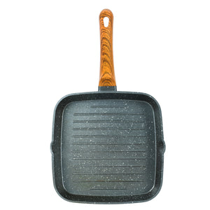 Royalford RF10764 24cm Square Grill Pan | Granite Coated Die Cast Aluminium Non Stick Cookware | 5 Layer Durable Construction | Wood Finish Handle | PTFE & PFOA Free