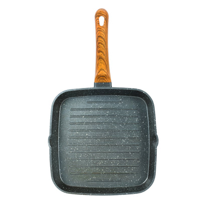 Royalford RF10764 24cm Square Grill Pan | Granite Coated Die Cast Aluminium Non Stick Cookware | 5 Layer Durable Construction | Wood Finish Handle | PTFE & PFOA Free
