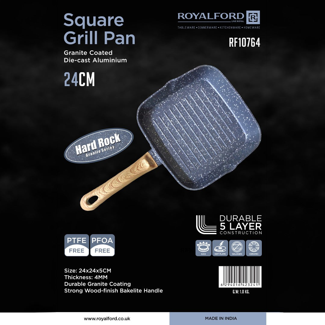 Royalford RF10764 24cm Square Grill Pan | Granite Coated Die Cast Aluminium Non Stick Cookware | 5 Layer Durable Construction | Wood Finish Handle | PTFE & PFOA Free