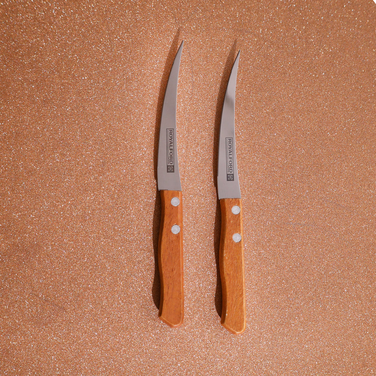 Royalford RF10771 Fruit Knife Set| 2PCS with sharp serrated stainless steel blades & durable wooden handles| for slicing fruits and vegetables ease & precision|