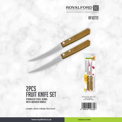 Royalford RF10772 2PCS fruit knife set| stainless steel blades & wooden handles| sharp, durable & lightweight, for peeling, slicing, cutting fruits & vegetables|