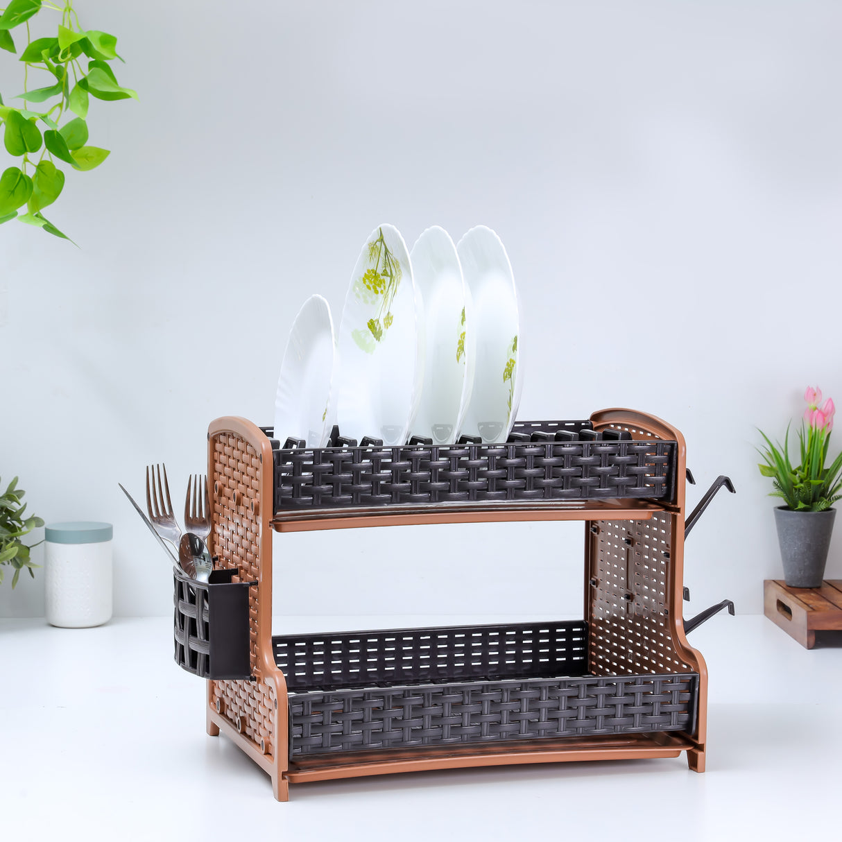 Royalford RF10798 2 Layer Rattan Dish Rack | Premium Durable Plastic Dish Drying Stand with Cup Holder| Cutlery Holder| Drain Board | Compact Design | High Efficiency